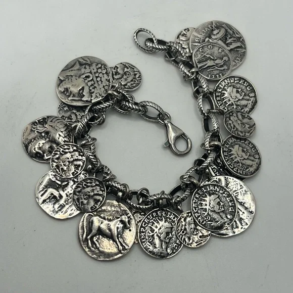 SILPADA Sterling Silver Oxidized Roman Coin Cha Cha Charm Bracelet B1624